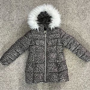 Girls Michael Kors Leopard Print Puffer Coat with Faux Fur Removable Hood 10/12